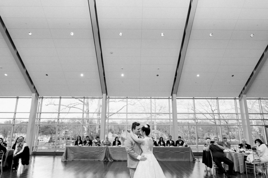 Bride and groom's first dance during a wedding reception at the River View at Occoquan