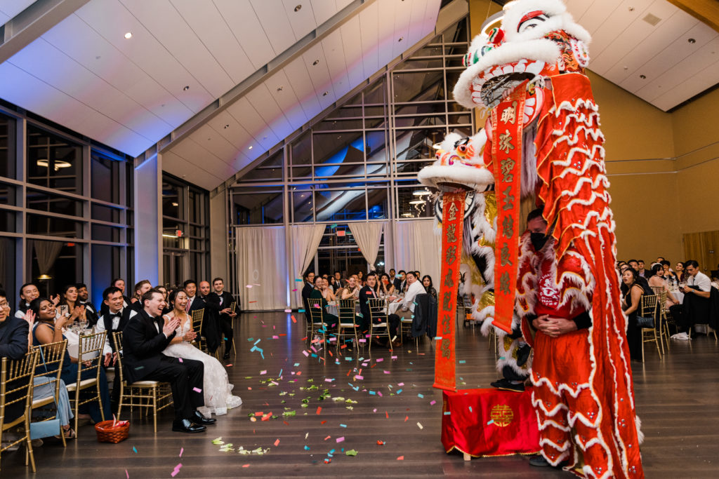 Chinese dragons greeting a bride and groom