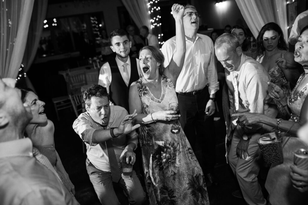 Guests at a wedding reception cheering